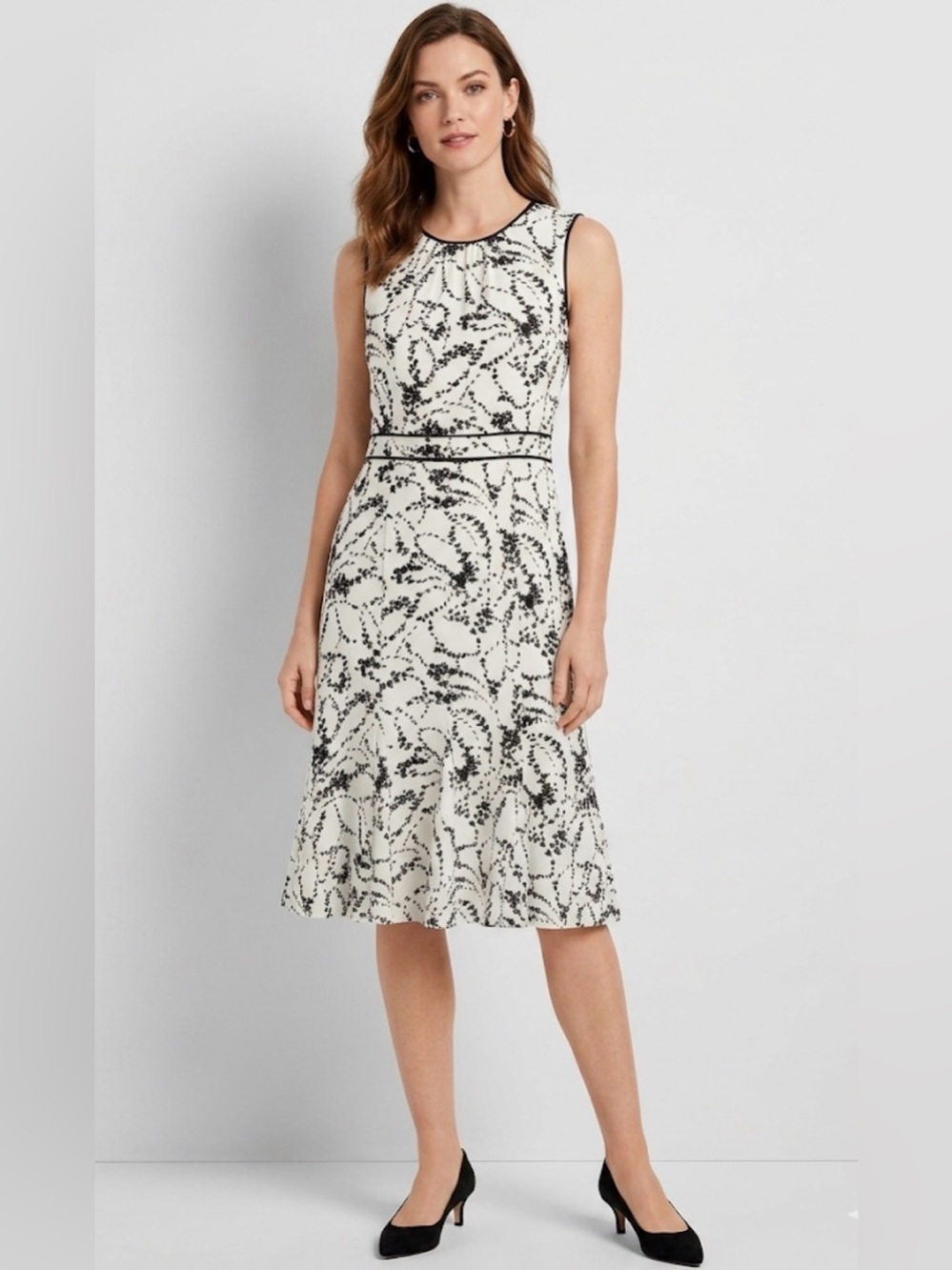 Talbots Black & White Floral Fit & Flare Midi Dress
